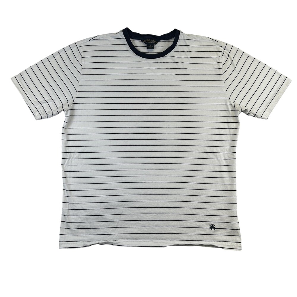 Brooks Brothers Shirt Mens XL White Navy Striped Crewneck Cotton Tee Logo